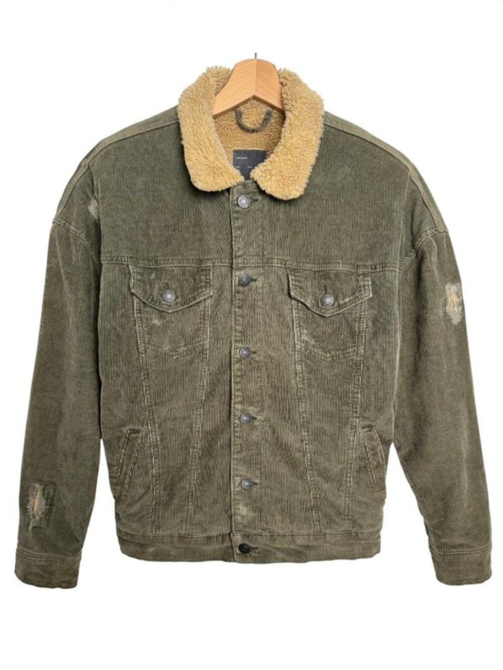 ZARA MAN BOMBER JACKET CHORE CORDUROY SHERPA OLIVE CABINCORE COUNTRY M